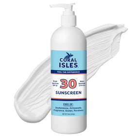 Coral Isles front packaging showing SPF 30 label and reef-safe benefit