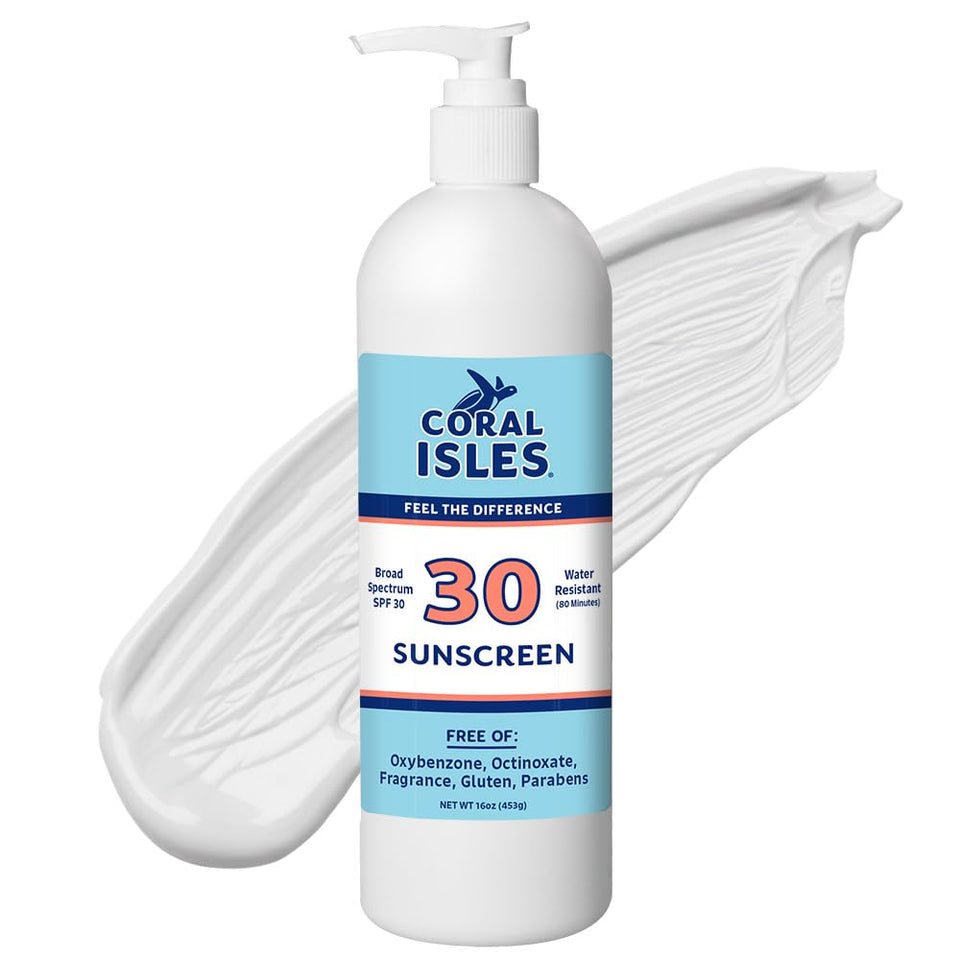 Coral Isles front packaging showing SPF 30 label and reef-safe benefit