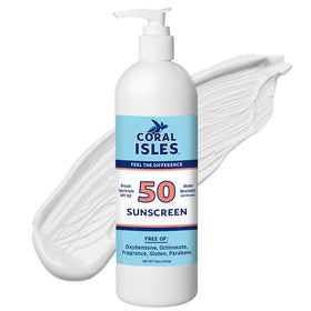 Coral Isles front pump bottle showing brand and SPF 50 for reliable protection