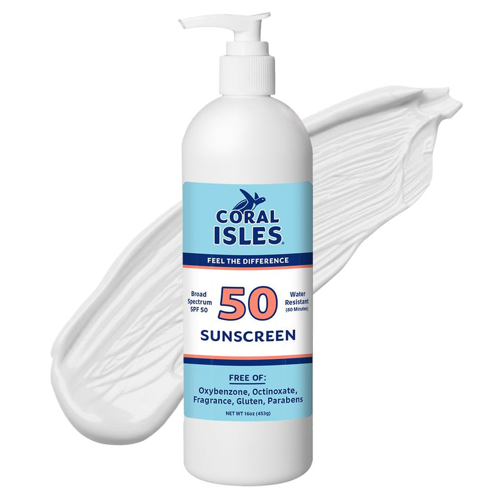 Coral Isles front pump bottle showing brand and SPF 50 for reliable protection