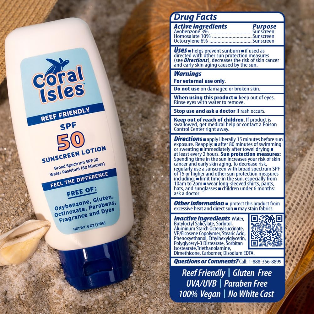 Coral Isles label closeup confirming Hawaii reef‑act compliant ingredients