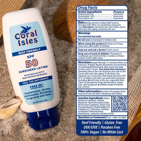 Coral Isles label closeup confirming Hawaii reef‑act compliant ingredients