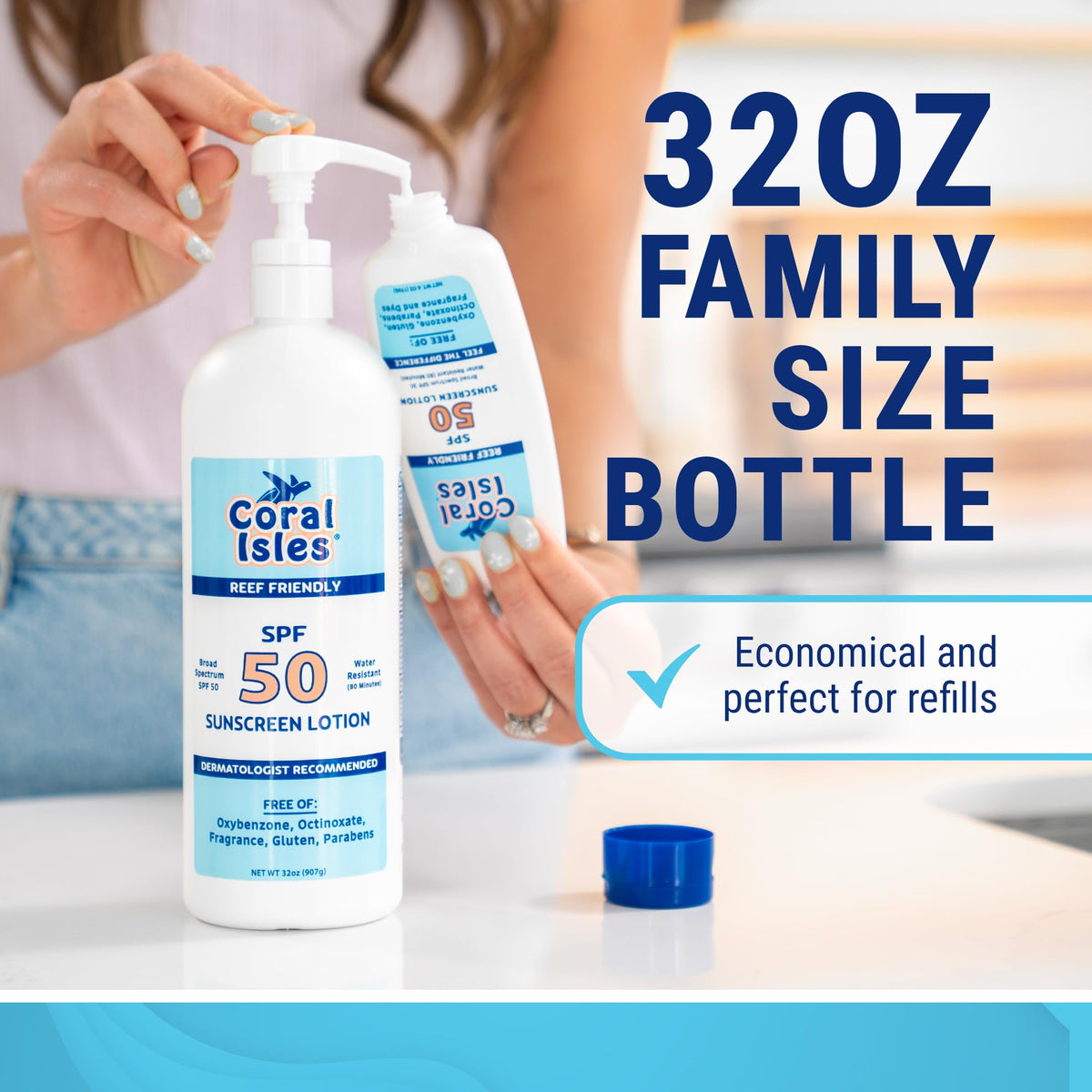 Coral Isles quart bottle beside hand showing size and convenient volume