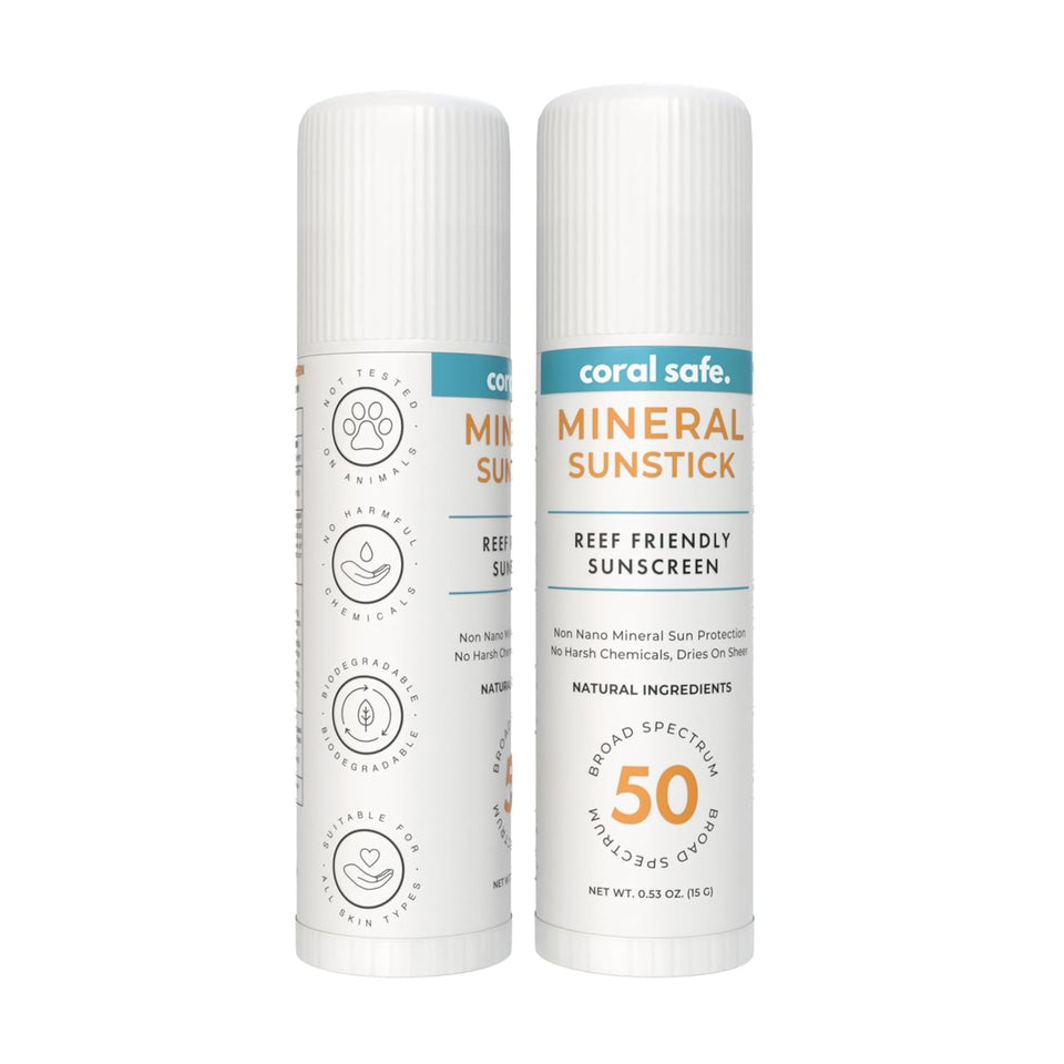 Coral Safe face stick front packaging showing SPF 50 protection and reef-safe claim