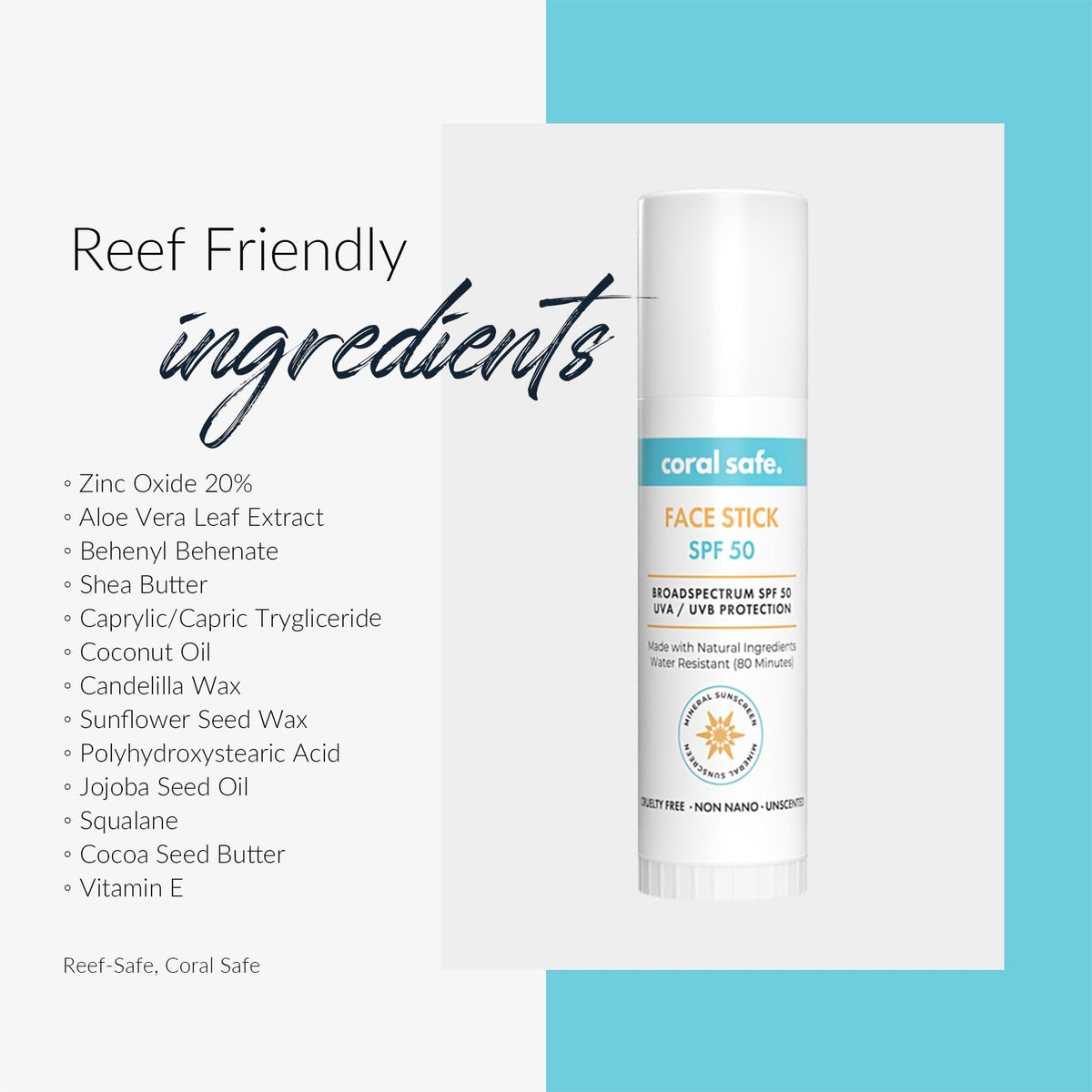 Coral Safe product label close-up showing non-nano zinc oxide ingredient benefits