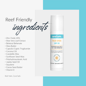 Coral Safe product label close-up showing non-nano zinc oxide ingredient benefits