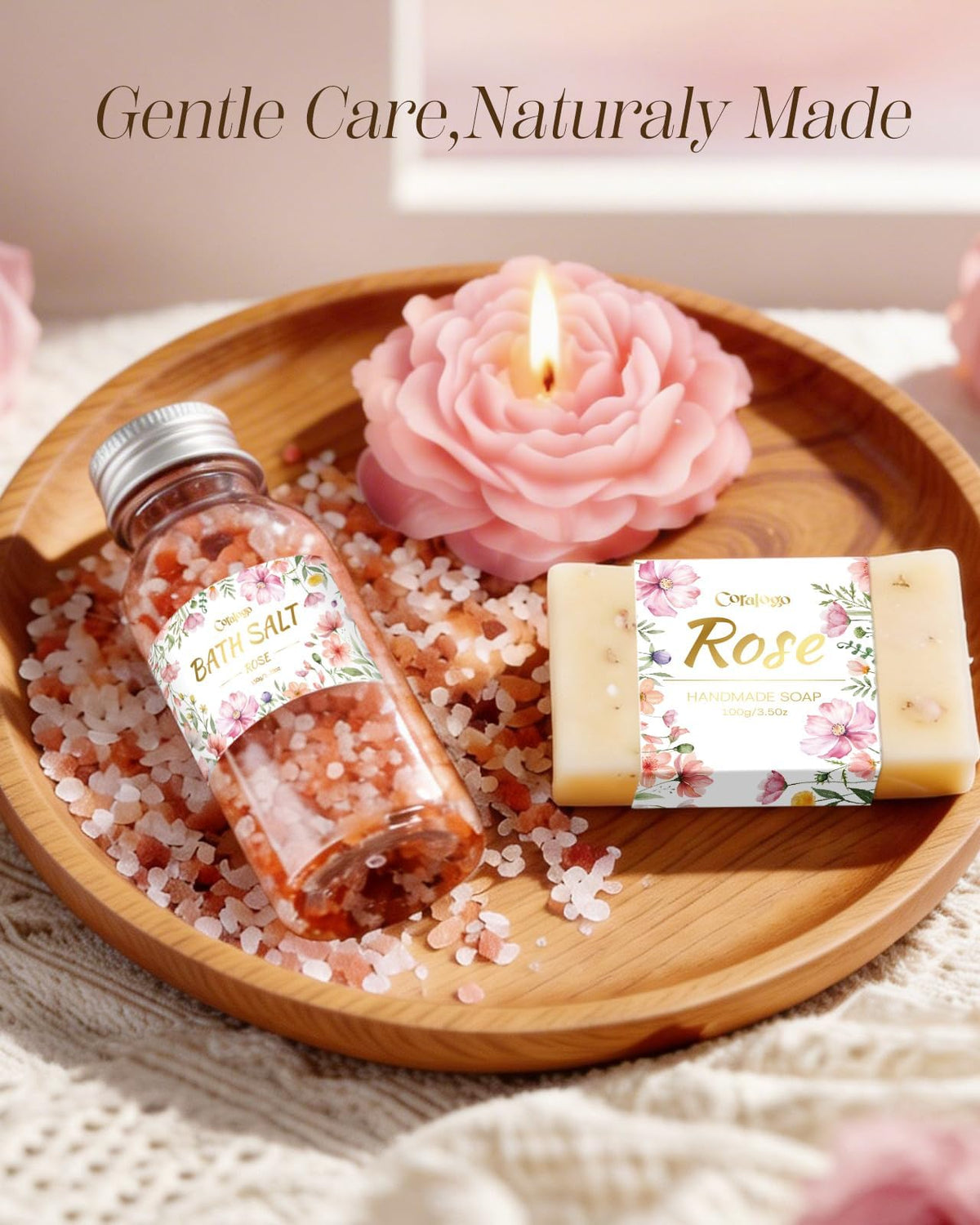 Coralogo bath salts and crochet flower displayed to emphasize relaxing bath ritual