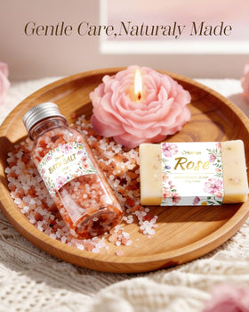 Coralogo bath salts and crochet flower displayed to emphasize relaxing bath ritual