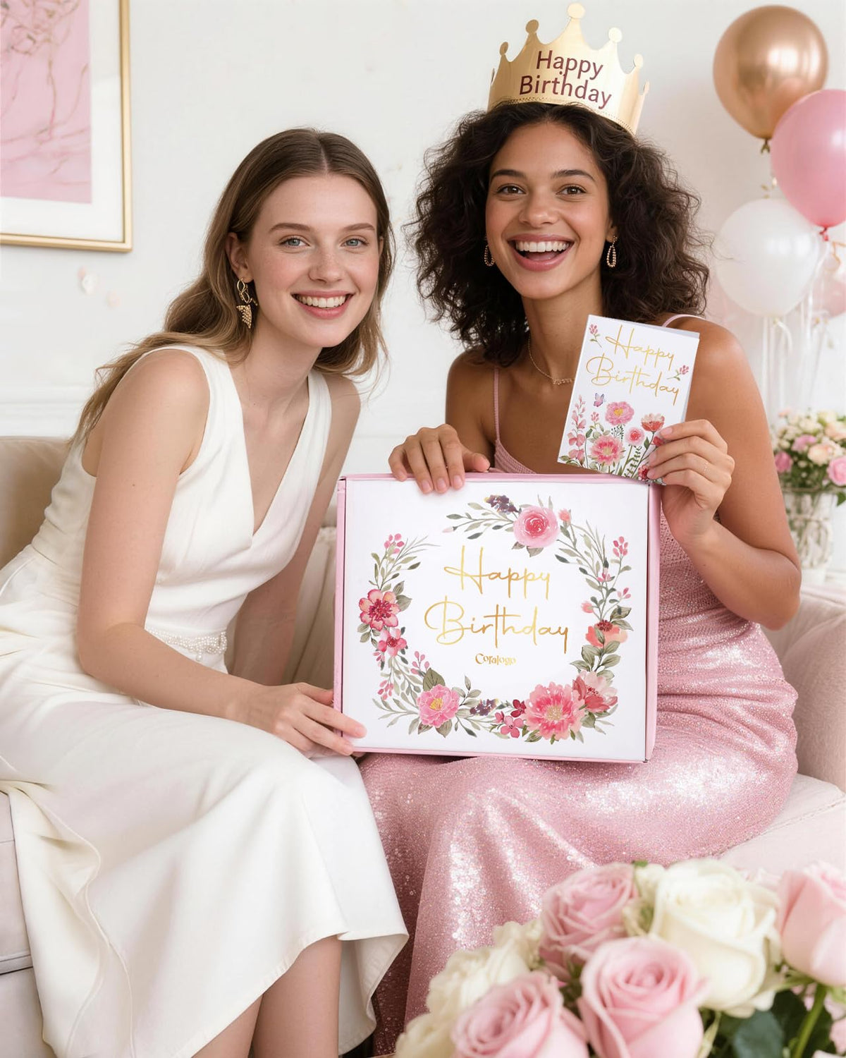 Coralogo gift set styled on a cozy sofa to suggest relaxation and immediate use at home