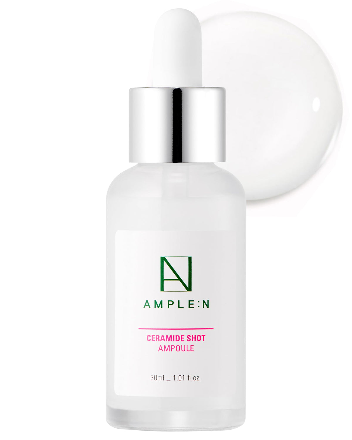 CORÉANA front packaging of AMPLE:N Ceramide Shot Ampoule showing bottle and box, clear view and reassuring benefit