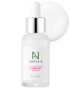 CORÉANA front packaging of AMPLE:N Ceramide Shot Ampoule showing bottle and box, clear view and reassuring benefit