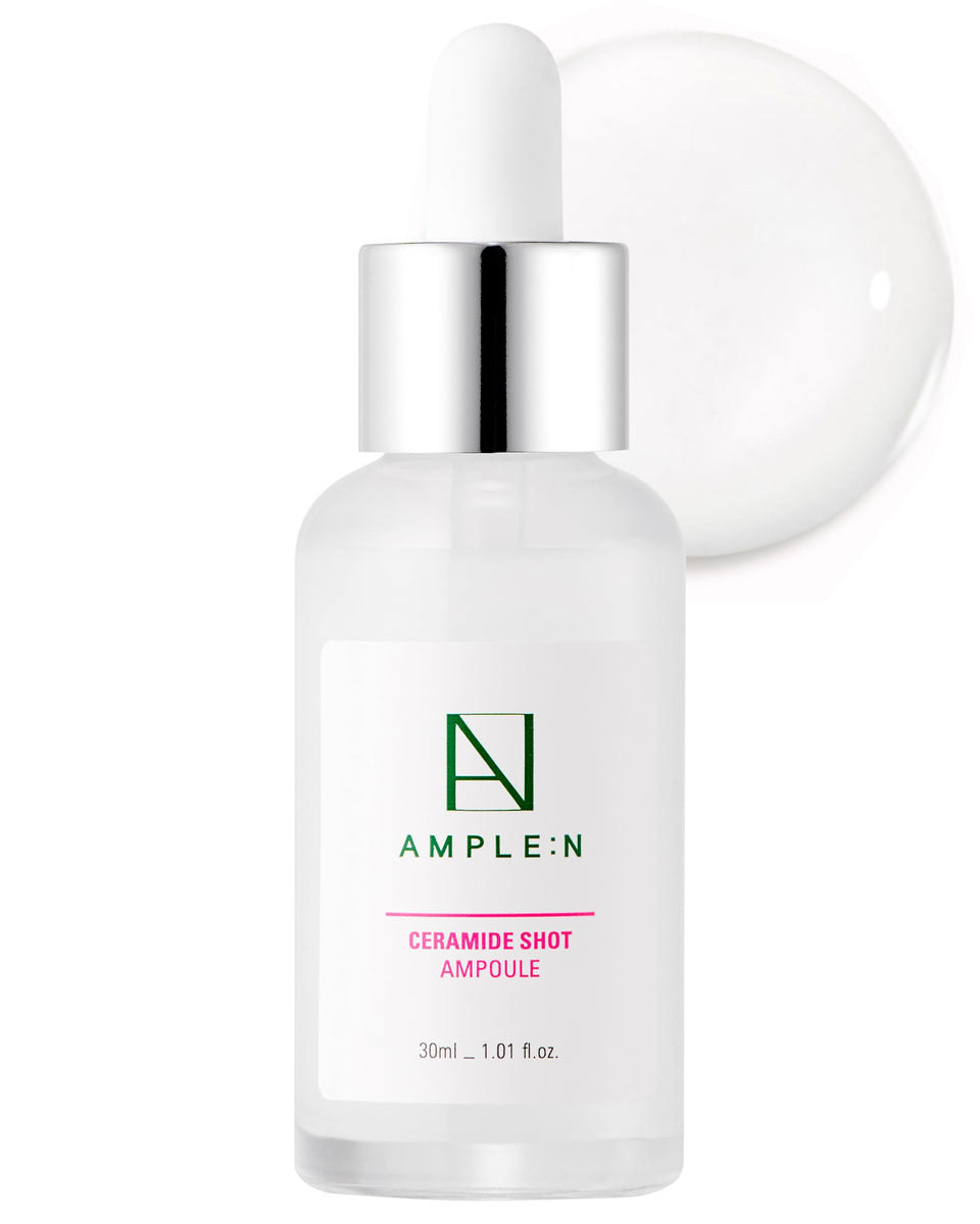 CORÉANA front packaging of AMPLE:N Ceramide Shot Ampoule showing bottle and box, clear view and reassuring benefit
