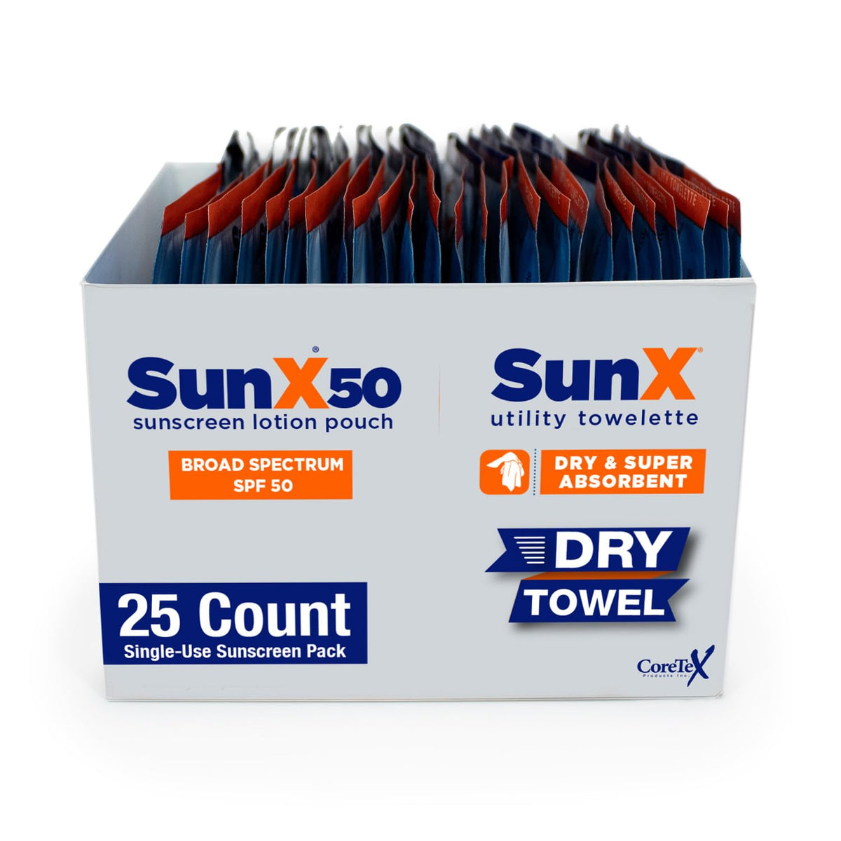 CoreTex front packaging showing 25 packets and dry towels for quick packing
