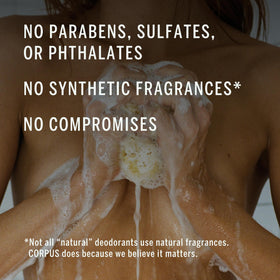 Corpus Santalum bottle in shower scene showing everyday moisturizing benefit