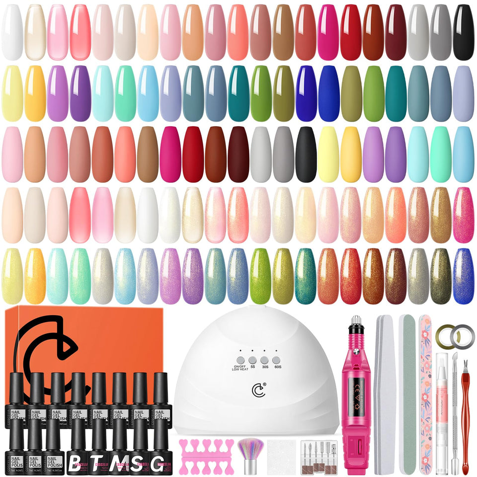 COSCELIA full kit layout showing all polishes and tools for easy home manicures