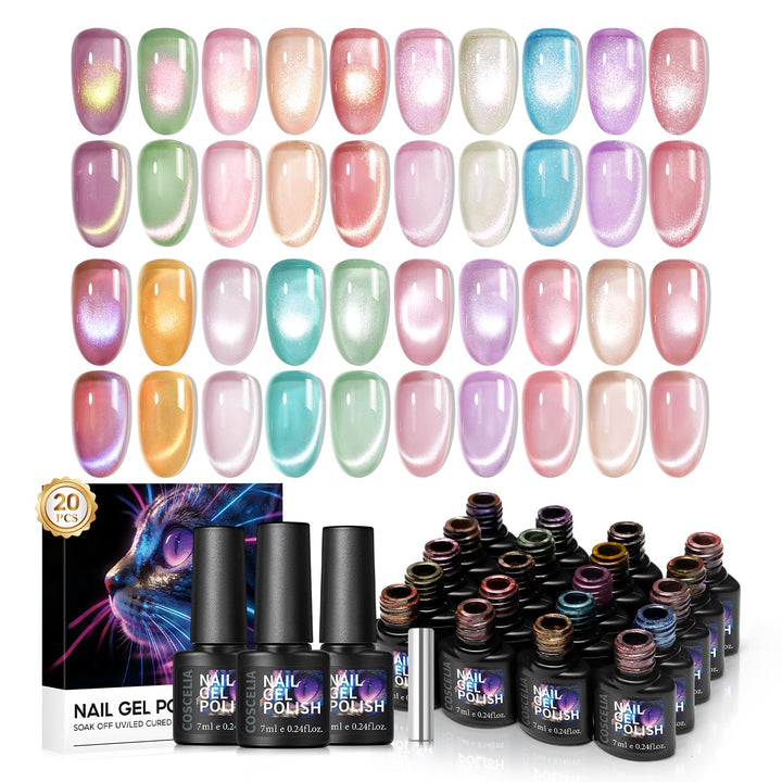 COSCELIA front packaging showing 20 vibrant cat eye shades and kit contents benefit salon-style results