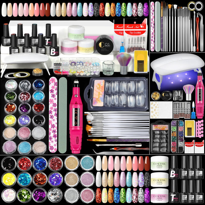 COSCELIA front packaging showing full acrylic nail kit and benefit of complete set