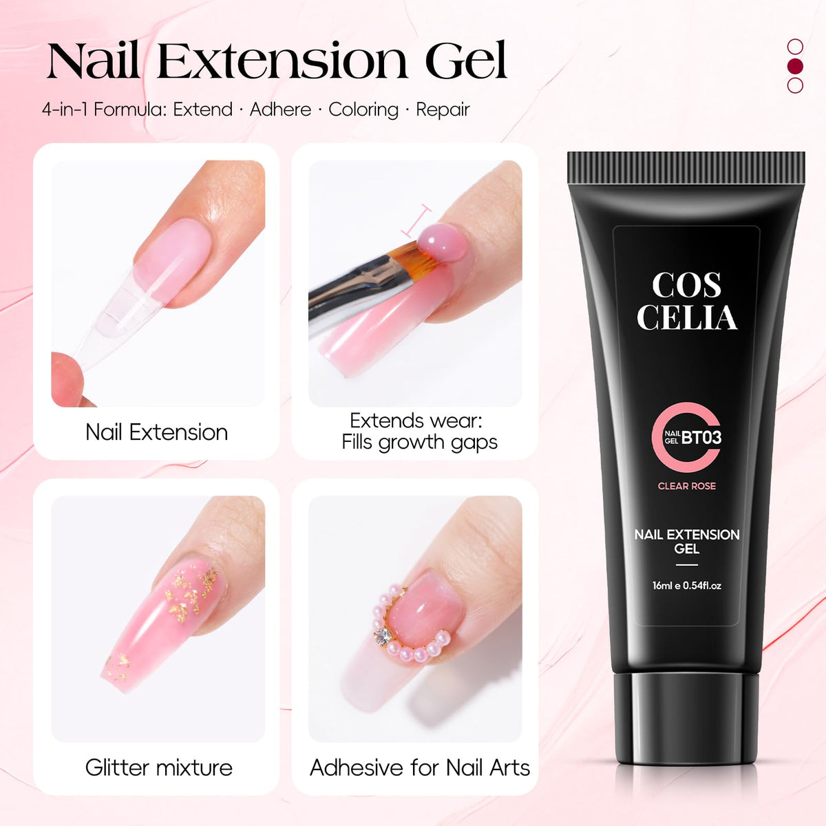 COSCELIA poly gel swatches displaying color range benefit