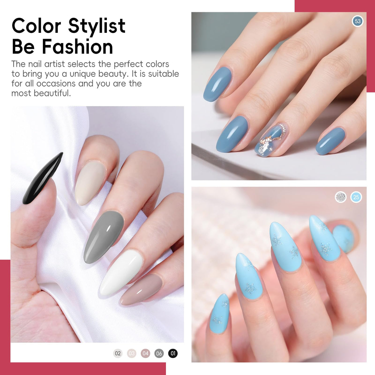 COSCELIA topcoat finishes comparison showing glossy matte glitter options