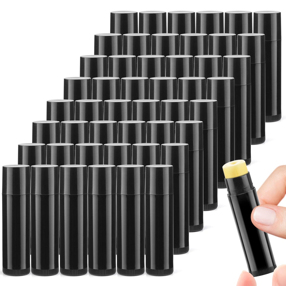 Cositina front view of 100 black empty lipstick tubes showing neat uniformity and bulk