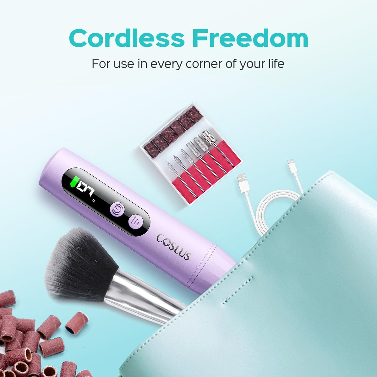 COSLUS kit packed in travel case ready for on-the-go nail care