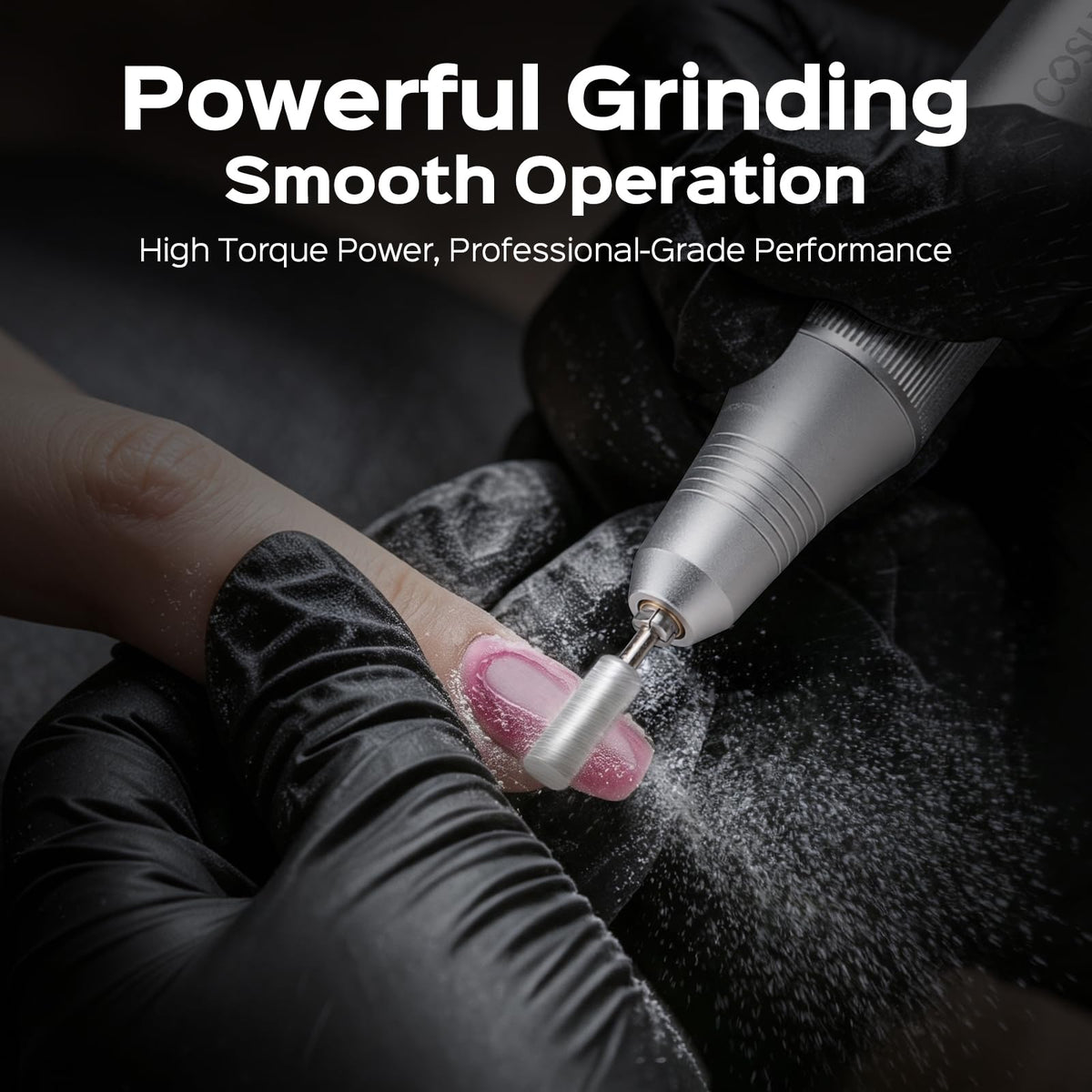 COSLUS E50 in use during salon manicure demonstrating steady power and smooth filing
