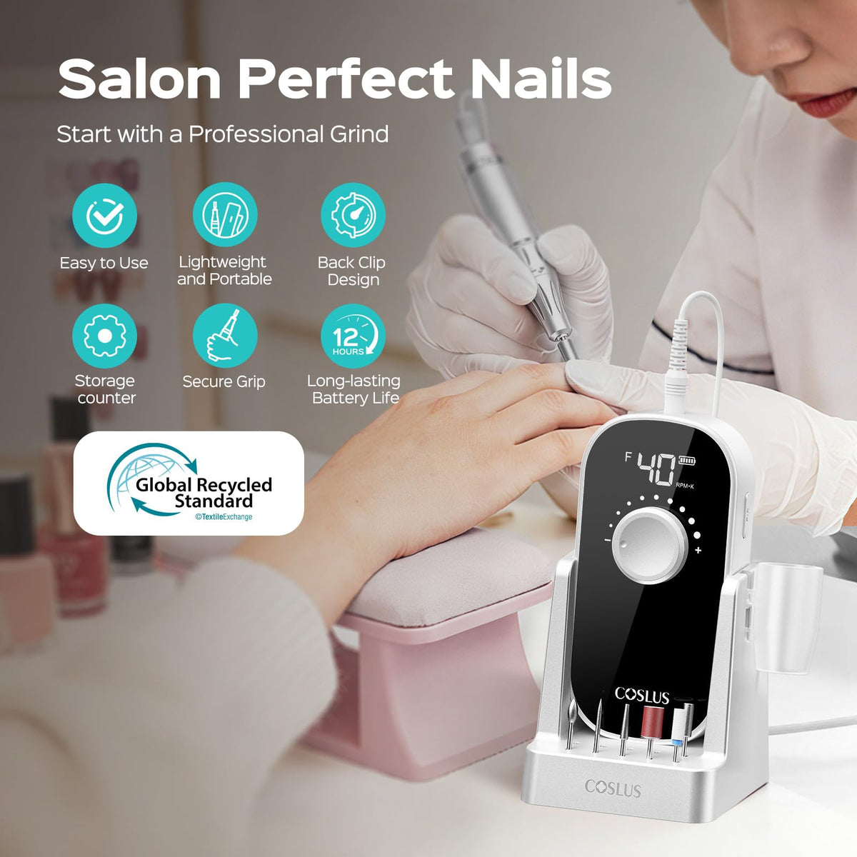 COSLUS E51 in use removing gel from nail demonstrating efficient material removal
