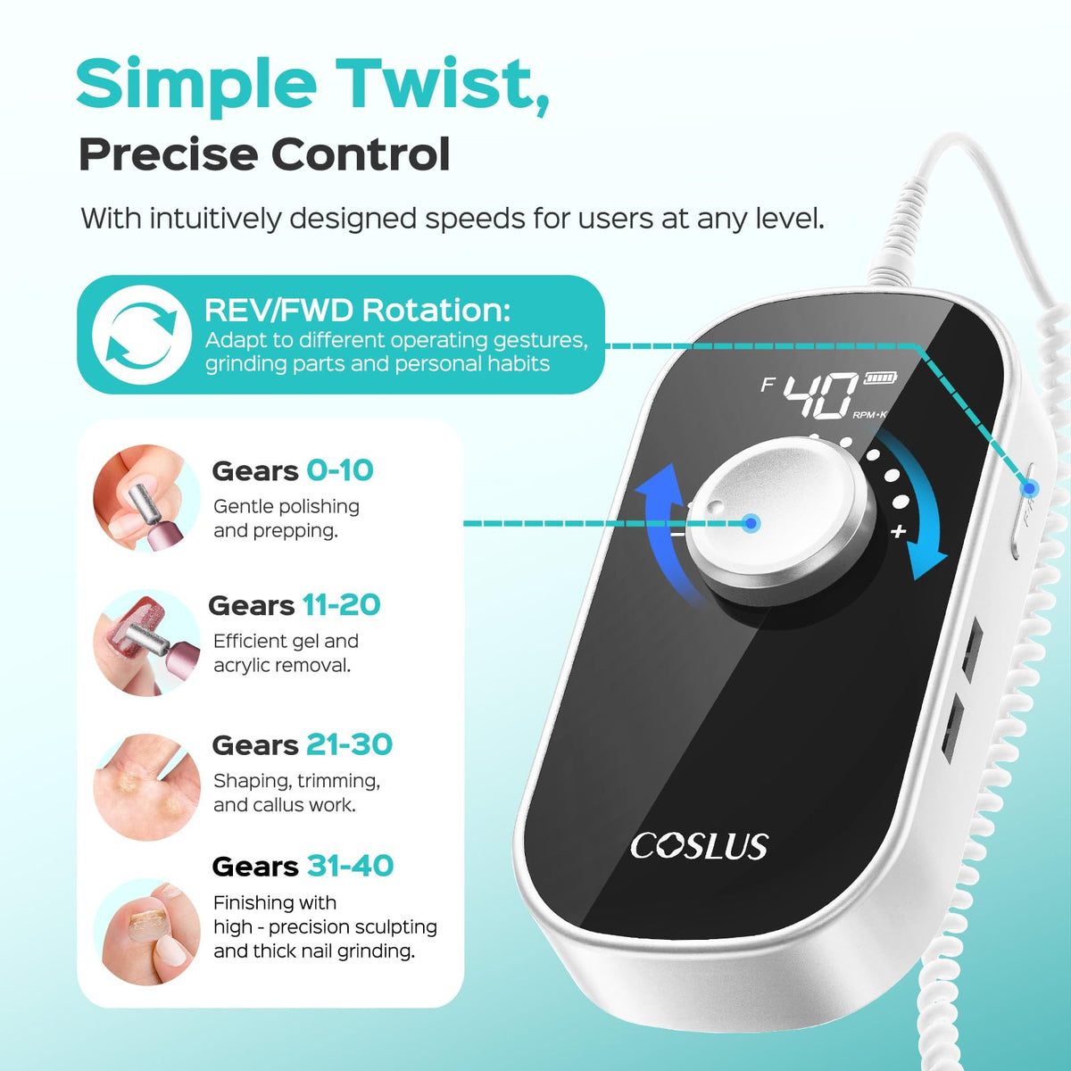 COSLUS E51 next to a hand for scale illustrating compact, travel-ready size