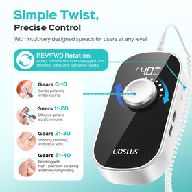 COSLUS E51 next to a hand for scale illustrating compact, travel-ready size