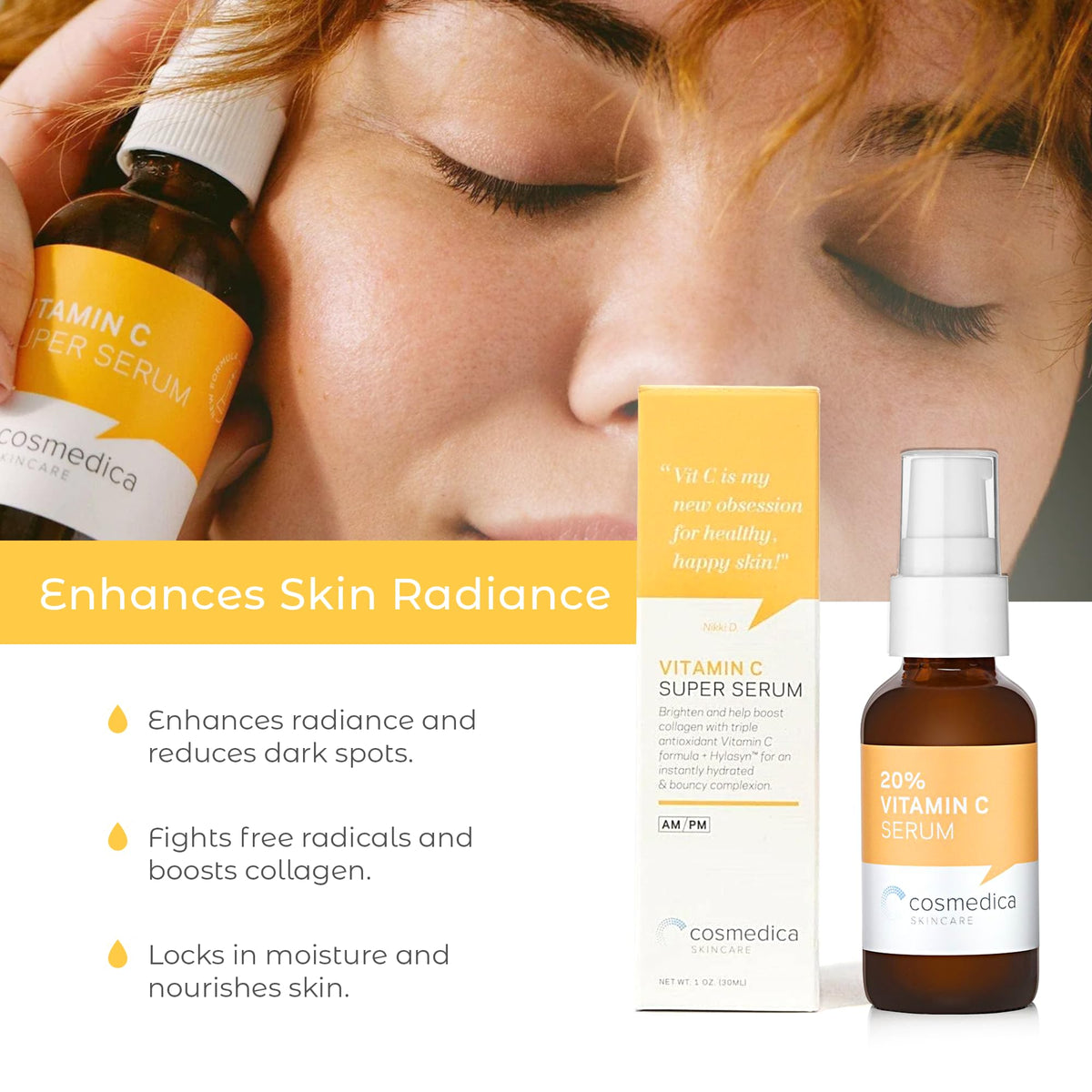 Cosmedica Skincare hands applying serum demonstrating easy, mess-free application
