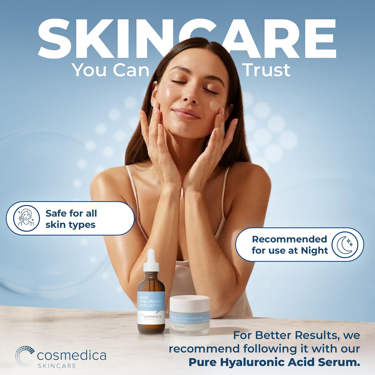 Cosmedica cream applied on hand demonstrating spreadability and moisture