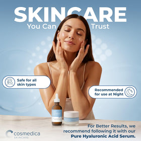 Cosmedica cream applied on hand demonstrating spreadability and moisture