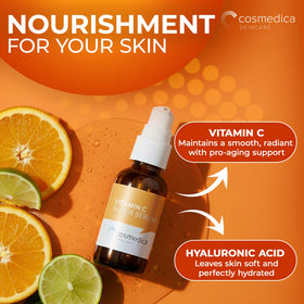 Cosmedica close-up of serum on palm showing lightweight feel and glow