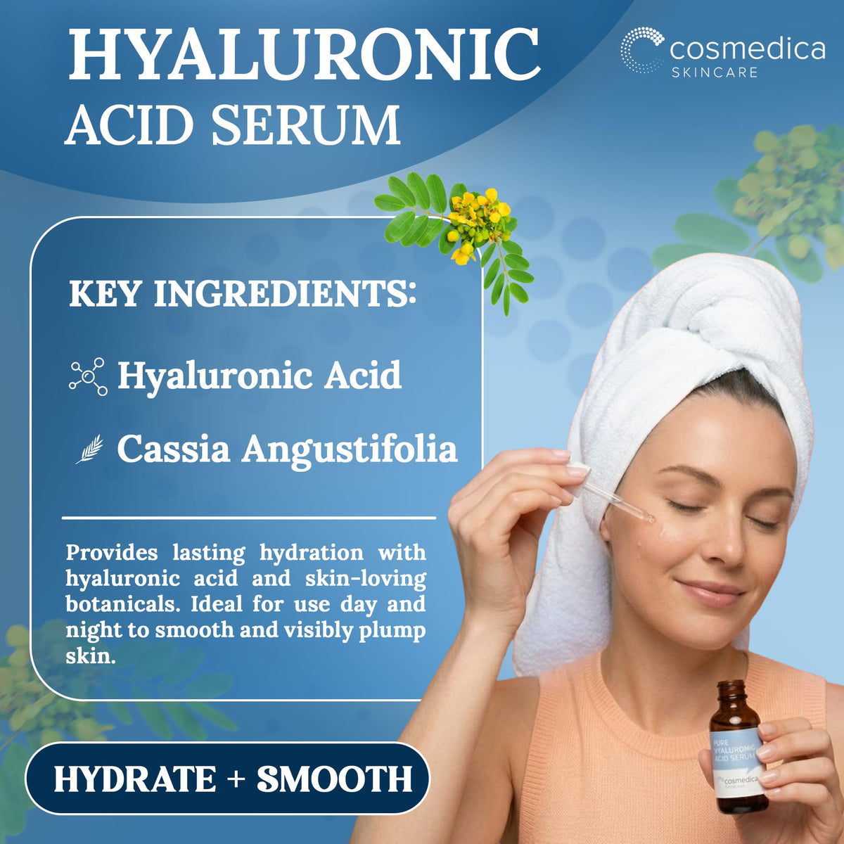 Cosmedica Hyaluronic Acid dropper texture showing hydration benefit