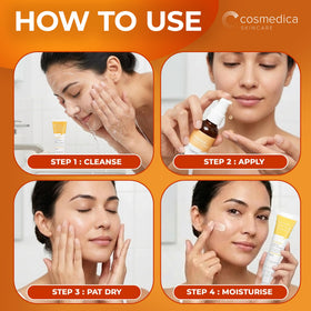 Cosmedica label highlighting vitamin C, hyaluronic acid, and vitamin E benefits
