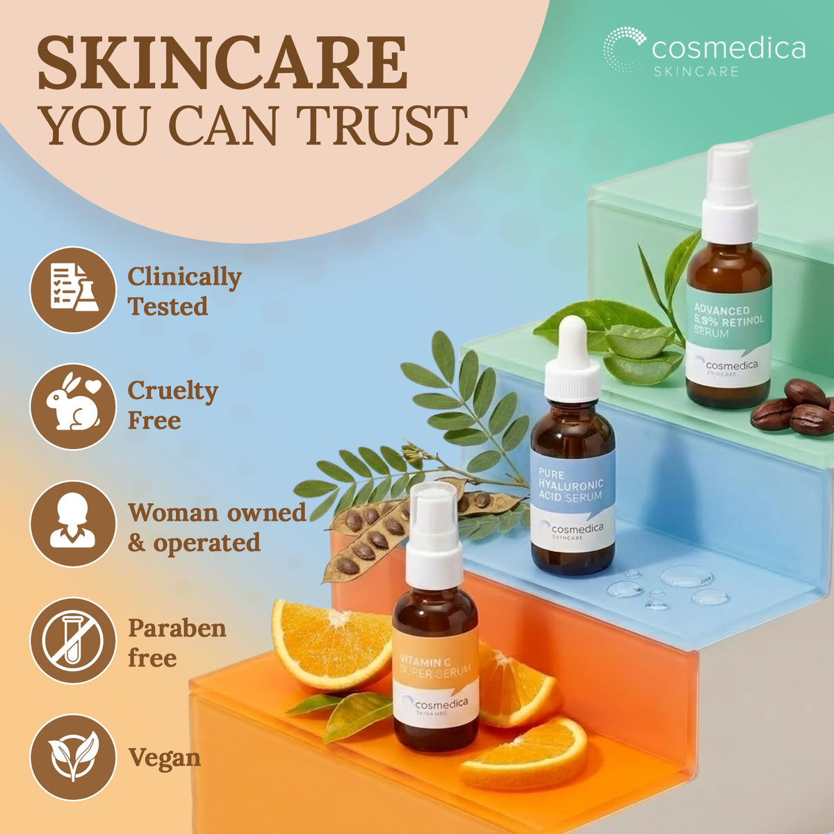 Cosmedica set styled on bathroom vanity suggesting daily routine