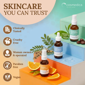 Cosmedica set styled on bathroom vanity suggesting daily routine