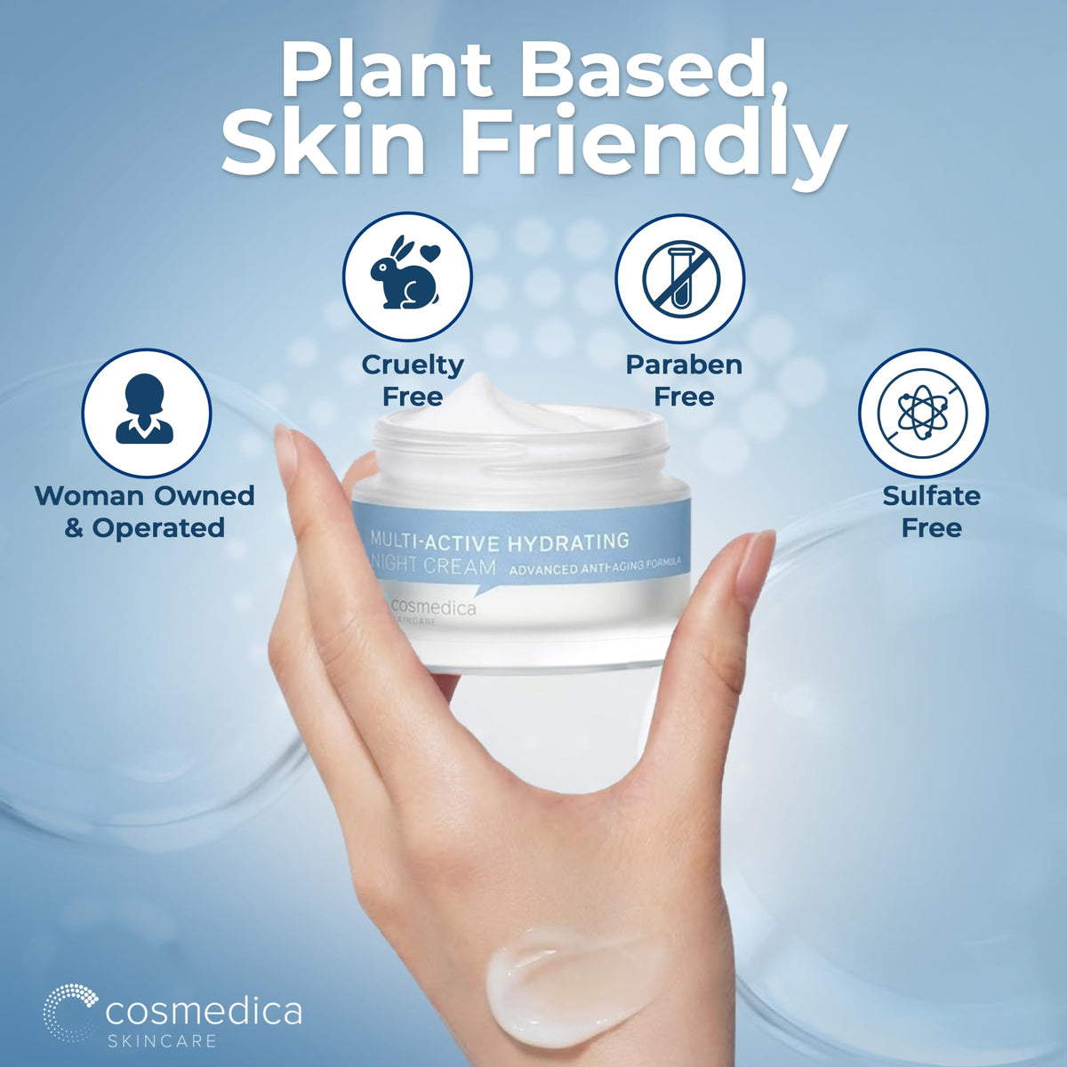 Cosmedica jar on nighttime vanity suggesting restful skincare routine