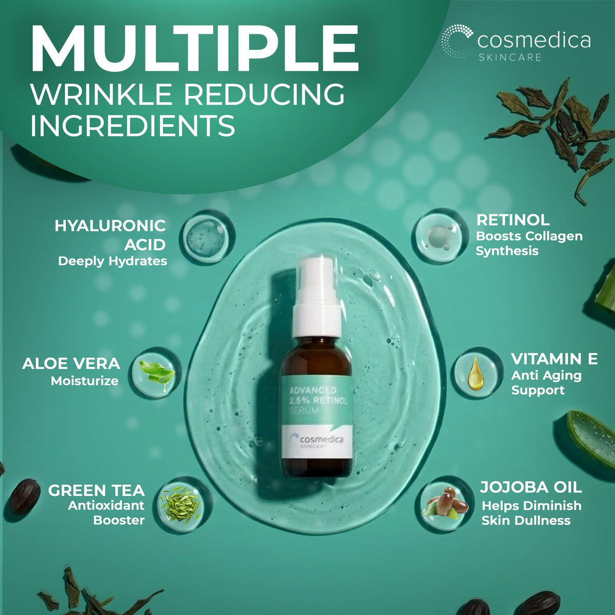 Cosmedica Skincare ingredients flatlay with hyaluronic and green tea for calming benefit
