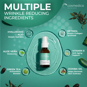 Cosmedica Skincare ingredients flatlay with hyaluronic and green tea for calming benefit