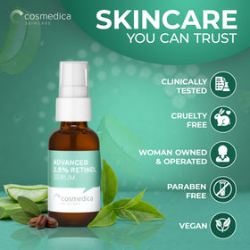Cosmedica Skincare label detail showing concentration and clean formula benefit