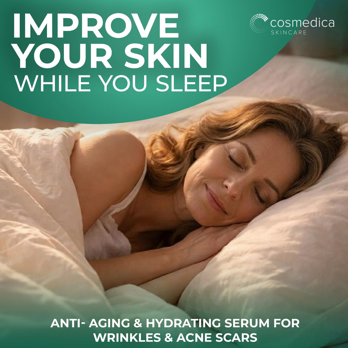 Cosmedica Skincare serum on nightstand in lifestyle scene showing nightly routine benefit