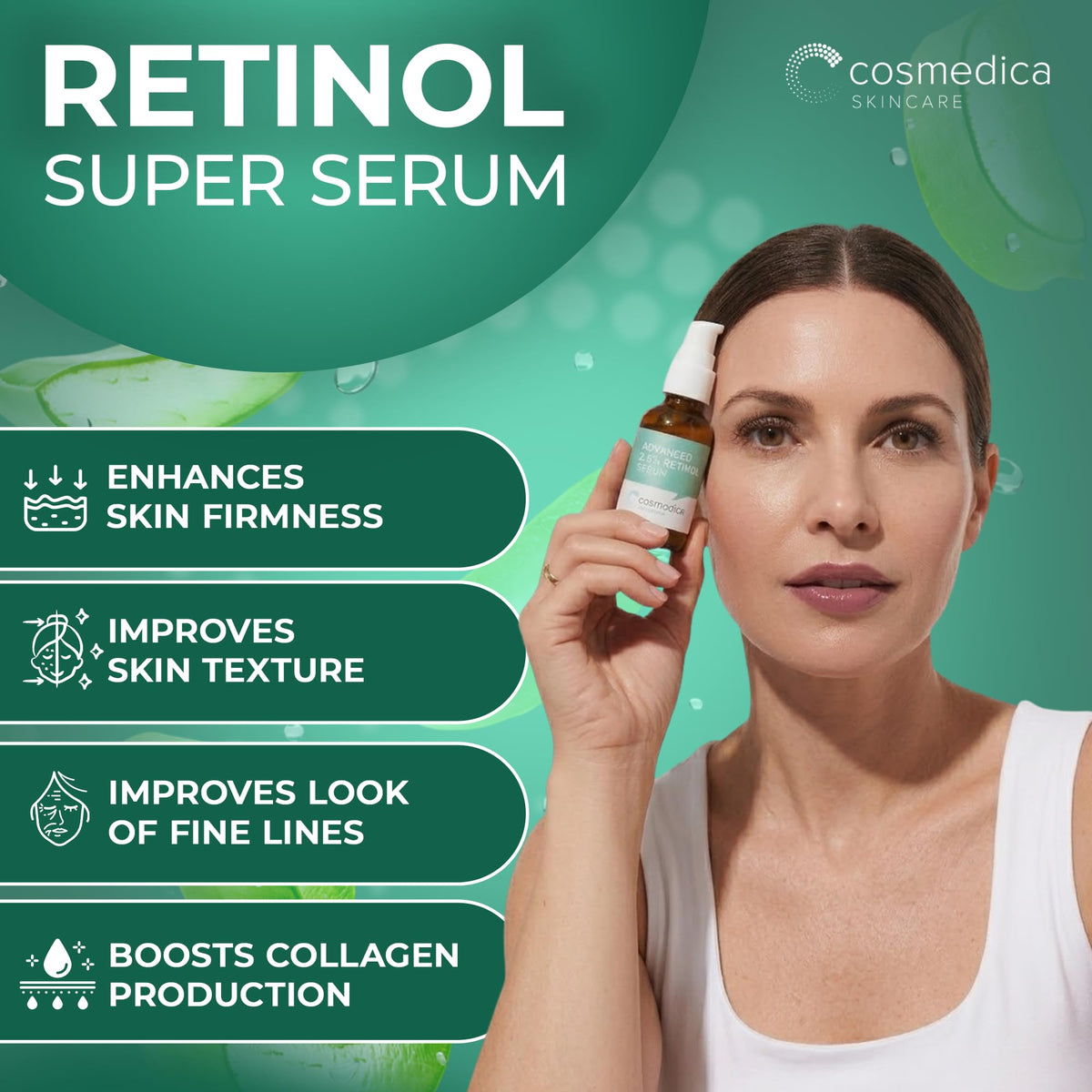 Cosmedica Skincare serum texture close-up highlighting hydration and smooth finish