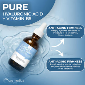 Cosmedica bottle held in hand showing size and travel-friendly benefit
