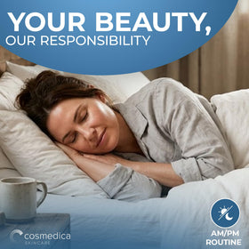 Cosmedica bottle on bathroom shelf showing nighttime routine readiness