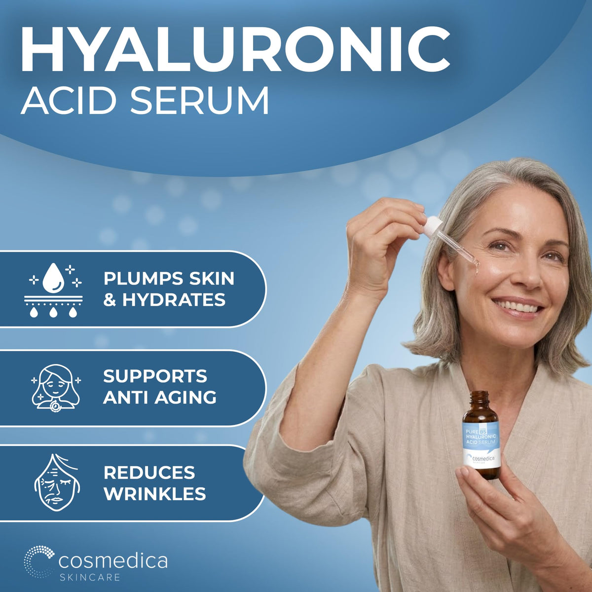 Cosmedica open dropper releasing serum showcasing precise application