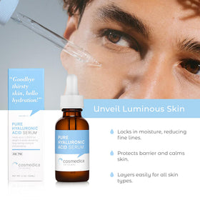 Cosmedica Skincare serum texture droplet close-up showing smooth, fast-absorbing finish