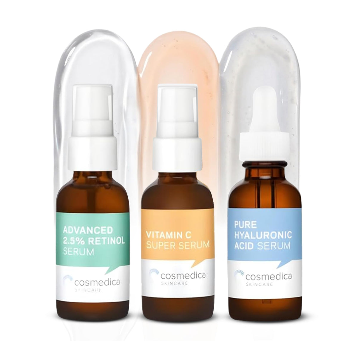 Cosmedica Skincare set front packaging showing three serums and benefits