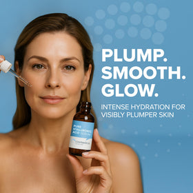 Cosmedica Skincare texture of hyaluronic serum drops on skin showing lightweight hydration