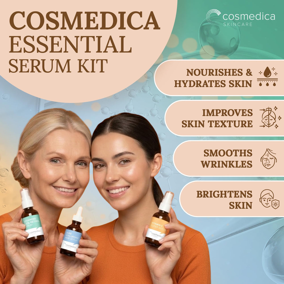 Cosmedica Vitamin C bottle closeup highlighting brightening benefit